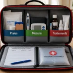 Trousse de santé ouverte et organisée avec compartiments étiquetés pour plaies, mesures et traitements personnels