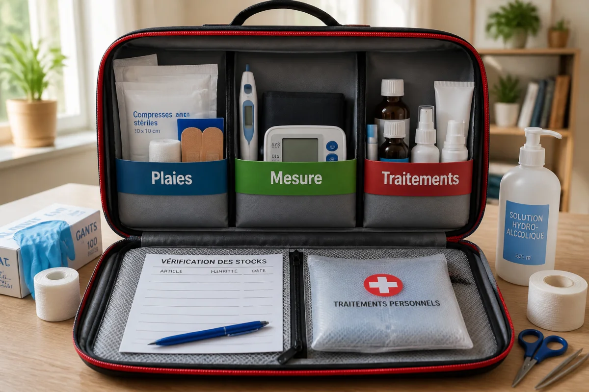 Trousse de santé ouverte et organisée avec compartiments étiquetés pour plaies, mesures et traitements personnels