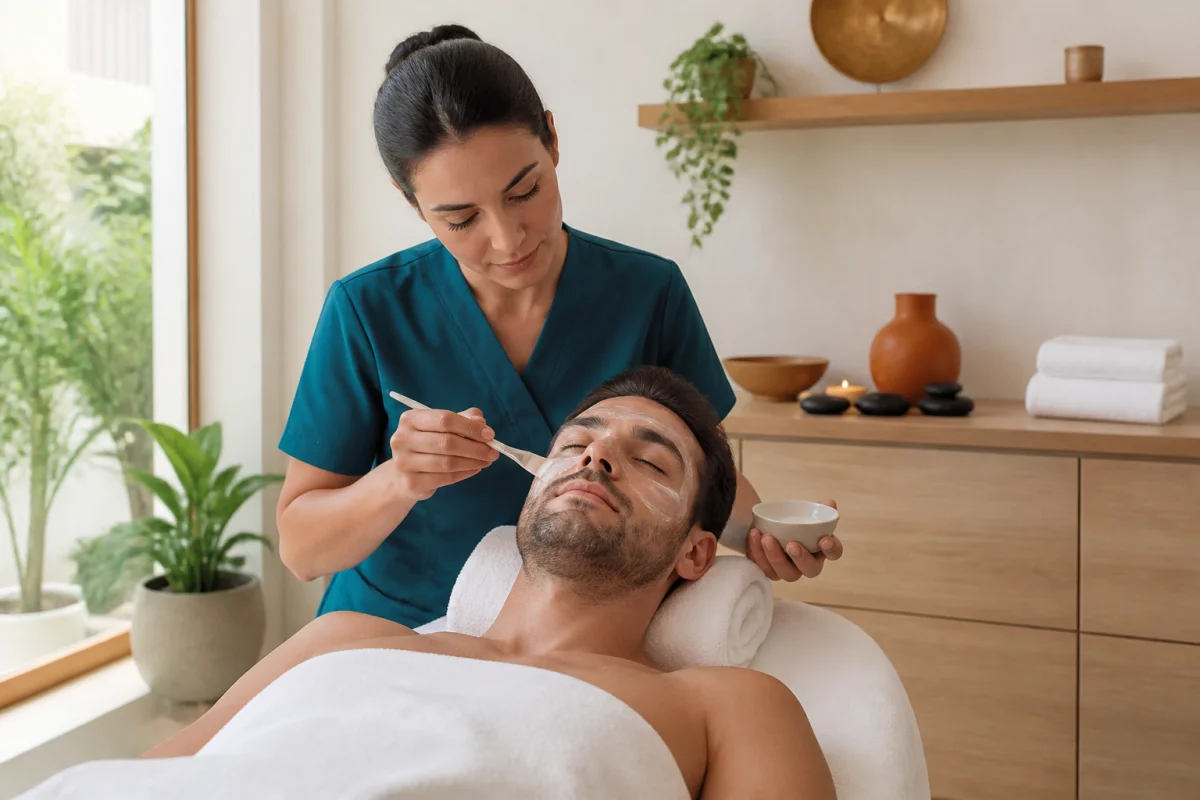 Un homme reçoit un soin du visage relaxant chez Un Temps Pour Soi 35, institut de beauté et bien-être.
